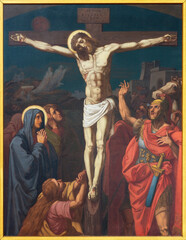 LUZERN, SWITZERLAND - JUNY 24, 2022: The painting of Crucifixion as part of Cross way stations in...