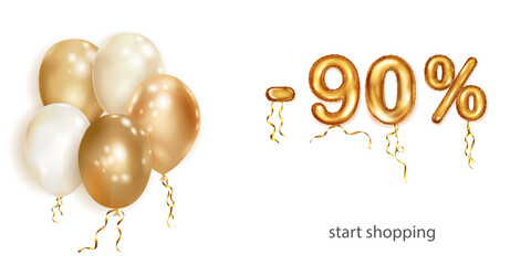 Discount creative illustration with white and gold helium flying balloons and golden foil numbers. 90 percent off. Sale poster with special offer on white background
