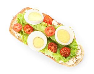 Tasty toast with boiled egg and tomatoes on white background