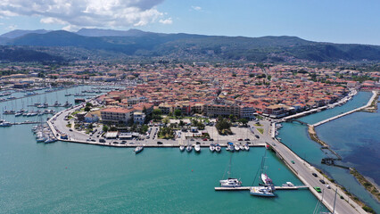 Aerial drone photo of famous main town of Lefkada island with traditional Ionian architecture and safe anchorage for yachts and sail boats, Greece