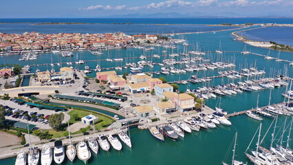 Fototapeta premium Aerial drone photo of famous marina of Lefkada island town with anchored yachts and sailboats, Ionian, Greece