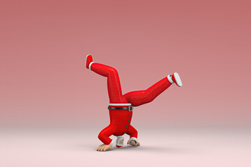 A man wearing Santa Claus costume. He is doing exercise.  3d rendering of cartoon character in acting.
