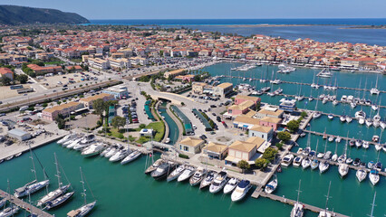 Aerial drone photo of famous marina of Lefkada island town with anchored yachts and sailboats,...