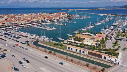 Obraz premium Aerial drone photo of famous marina of Lefkada island town with anchored yachts and sailboats, Ionian, Greece