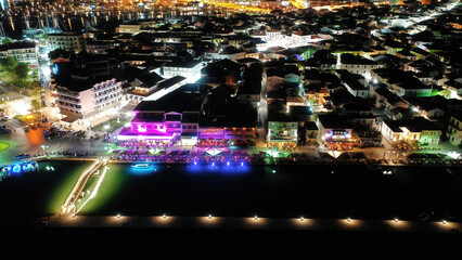 Obraz premium Aerial drone night shot of beautiful main town of Lefkada island, Ionian, Greece