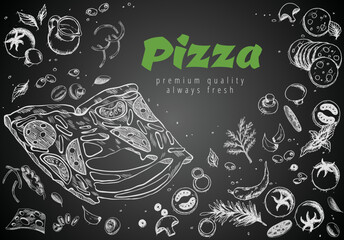 Hand drawn pizza line banner. Engraved style chalk doodle background. Savoury pizza ads. Tasty vector banner for cafe, restaurant or food delivery service