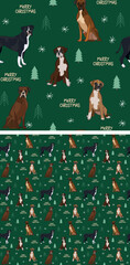 Seamless Boxer dog pattern, holiday texture. Square format, t-shirt, poster, packaging, textile, textile, fabric, decoration, wrapping paper. Trendy hand-drawn dogs wallpaper. Holiday background.