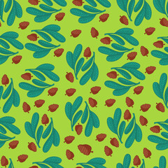 Christmas, New Year pattern with winter plants, fir cone on a green background. Bright, festive background with fir branches, berries.