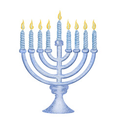 Fototapeta na wymiar Menorah candles. Hand drawn Watercolor Menorah in blue color. Isolated on transparent background. Design for a Jewish holidays greeting cards