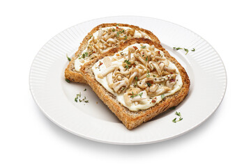 Plate of tasty toasts with cream cheese, mushrooms and thyme on white background