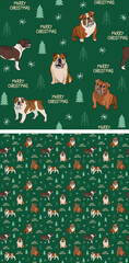 Seamless English Bulldog dog pattern, holiday texture. Square format, t-shirt, poster, packaging, textile, textile, fabric, decoration, wrapping paper. Trendy hand-drawn dogs wallpaper, background.