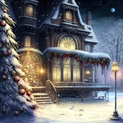 Merry christmas wallpaper, house decoration, lights, snow, digital painting, illustration