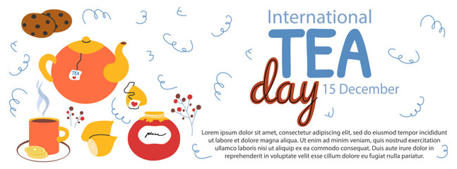 International tea day horizontal background vector illustration. Tea accessories, cup with hot drink, lemon, jam and chocolate cookies. Warm colors Flat cartoon style 