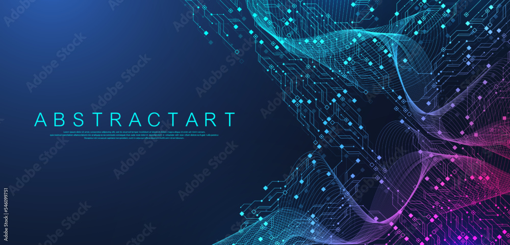 Fototapete Quantum computer technologies concept. Futuristic blue circuit board background vector. Modern technology circuit board texture background design. Waves flow. Quantum explosion technology.