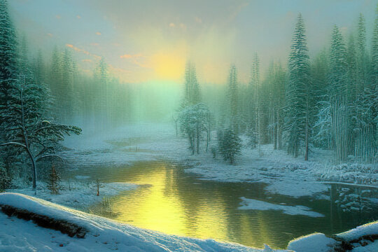 beautiful light, winter landscapes in forest on the river. Background illustration, digital matte painting