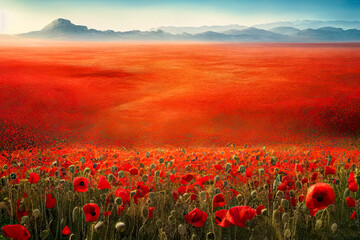 beautiful landscape of red poppies in bloom. Illustration. Digital matte painting - obrazy, fototapety, plakaty