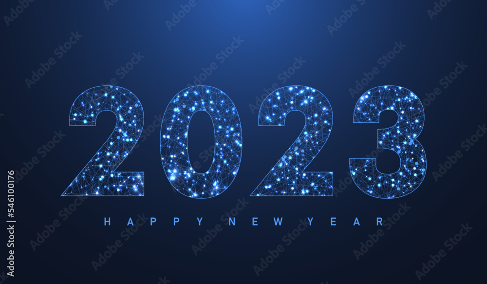 Leinwandbilder Modern futuristic technology template for Merry Christmas and Happy New Year 2023 with connected lines and dots. Plexus geometric effect. Global network connection. Vector illustration.