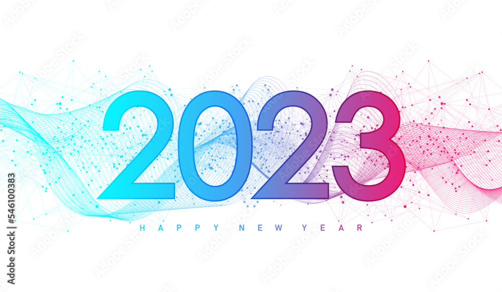 Poster Modern futuristic technology template for Merry Christmas and Happy New Year 2023 with connected lines and dots. Plexus geometric effect. Global network connection. Vector illustration.