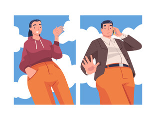 Man and Woman Character Standing Looking from Above Friendly Smiling and Showing Hand Greeting Gesture Vector Set