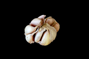 Old garlic head, closeup photo, isolated in black