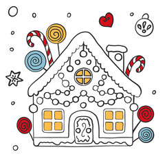 Gingerbread house for Christmas in doodle style. Cute honey gingerbread for postcards, congratulations, coloring and decoration with patterns and sweets.