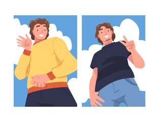 Man Character Standing Looking from Above Friendly Smiling and Showing Hand Greeting Gesture Vector Set