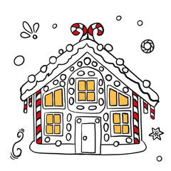 Gingerbread house for Christmas in doodle style. Cute honey gingerbread for postcards, congratulations, coloring and decoration with patterns and sweets.