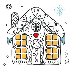 Gingerbread house for Christmas in doodle style. Cute honey gingerbread for postcards, congratulations, coloring and decoration with patterns and sweets.