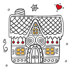 Gingerbread house for Christmas in doodle style. Cute honey gingerbread for postcards, congratulations, coloring and decoration with patterns and sweets.