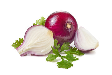 Whole red onion and slices with parsley on white background