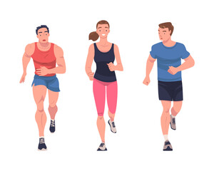 Man and Woman Character Running in Sportswear and Trainers Engaged in Sport Training and Workout Vector Set