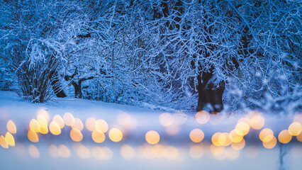 Winterwunderland - Lichterbokeh vor einer verschneiten Landschaft - Weihnachtsstimmung
