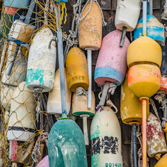 buoys hanging on a lobster shack