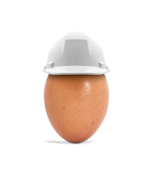 Conceptual representation of safety at work, Egg wearing construction helmet on white background