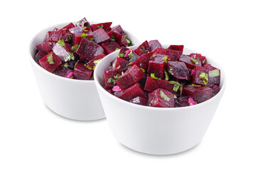 Mexican beet salad in a bowl on a white isolated background