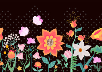 Joyful horizontal floral seamless border with bright flowers and fluttering butterflies on a deep black background with small gray polka dots. Trendy summer natural vector print for fabric, wallpaper.