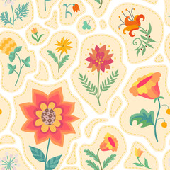 Joyful summer patchwork pattern with yellow, orange, red flowers and green leaves on irregularly shaped beige patches. Vector print for fabric, wallpaper.
