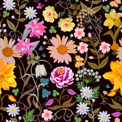 Seamless layered fabric pattern with bright garden flowers and fluttering butterflies on a black background. Romantic summer vector print.