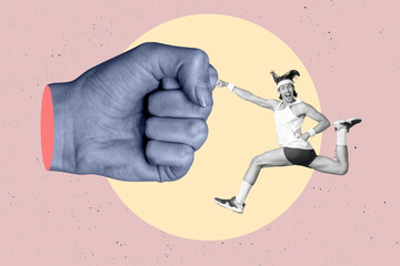 Creative photo 3d collage artwork poster postcard of funny funky man boxing big human arm isolated on painting background