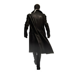 Man walking away wearing a black trench coat. Black leather coat. Handsome mysterious man back view. Transparent background. Isolated clipping path.  - obrazy, fototapety, plakaty