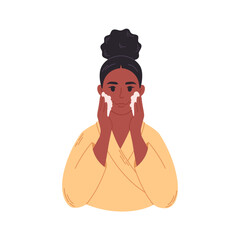 Black woman take care of skin and applying organic cosmetic cream on face. Treatment for wrinkles, pimples. Hand drawn vector illustration