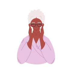 Old black woman applying organic cosmetic cream on face. Senior woman with wrinkles doing anti age procedures. Hand drawn vector illustration