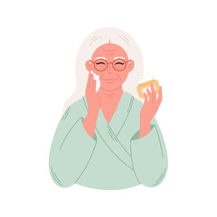Old woman applying organic cosmetic cream on face. Senior woman with wrinkles doing anti age procedures. Hand drawn vector illustration