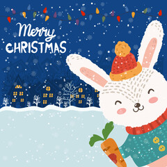 Cartoon illustration for holiday theme with happy funny rabbit on winter background with trees and snow.Vector illustration. - 546104574