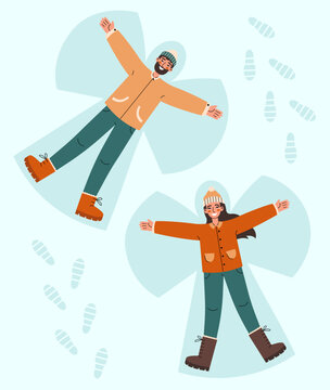 Young couple lying in snow on back and moving arms and legs. Smiling man and woman making snow angels. Winter entertainments concept.