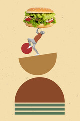 Collage photo of restaurant poster mini man hold new hamburger eat junk food promotion delivery...