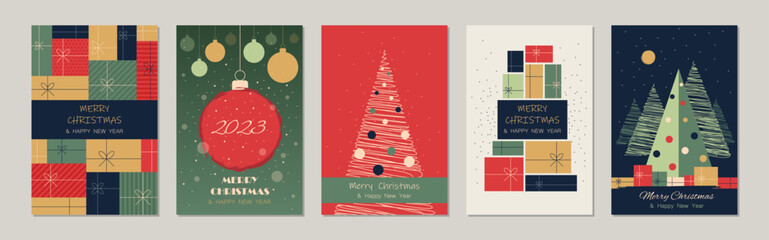 Merry Christmas and Happy New Year Set of greeting cards, posters, prints, party invitations, backgrounds and holiday covers. Design in flat art style