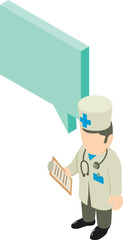 Medical conference icon isometric vector. Man doctor with clipboard reading text. Medicine and healthcare concept