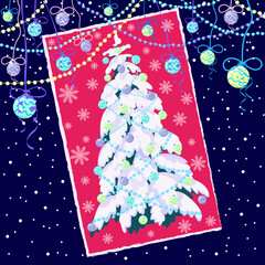 A cheerful, bright design of a holiday card with a decorated Christmas tree in a red frame on a dark blue background with balloons, garlands and snowflakes. The concept of Christmas and New Year