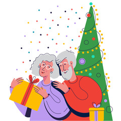 Obraz na płótnie Canvas Happy elderly couple, family of aged parents, grandparents celebrating merry christmas, happy new year, winter holidays. Elderly people preparing gifts